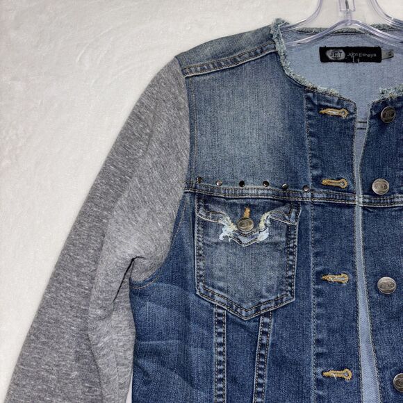 John Eshaya JET Blue Denim Gray Knit Sleeve Jean Jacket Women's Size M/L - Picture 2 of 15